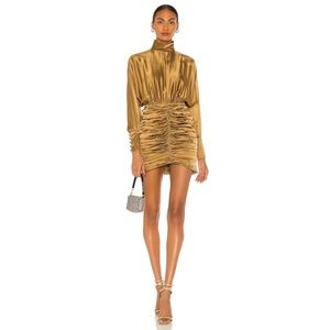 Retrofete Barbara Dress Silk Charmeuse Ruched Mock Neck Mini Olive Green XS